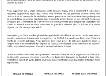 AS Valence-Grenoble annulé puis reporté pour « raisons de sécurité »