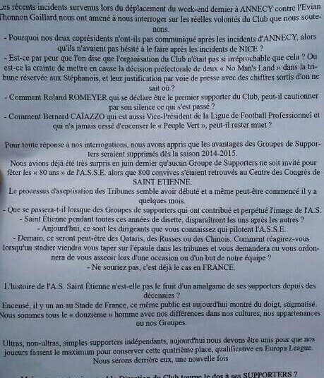 La lettre ouverte des supporters stéphanois