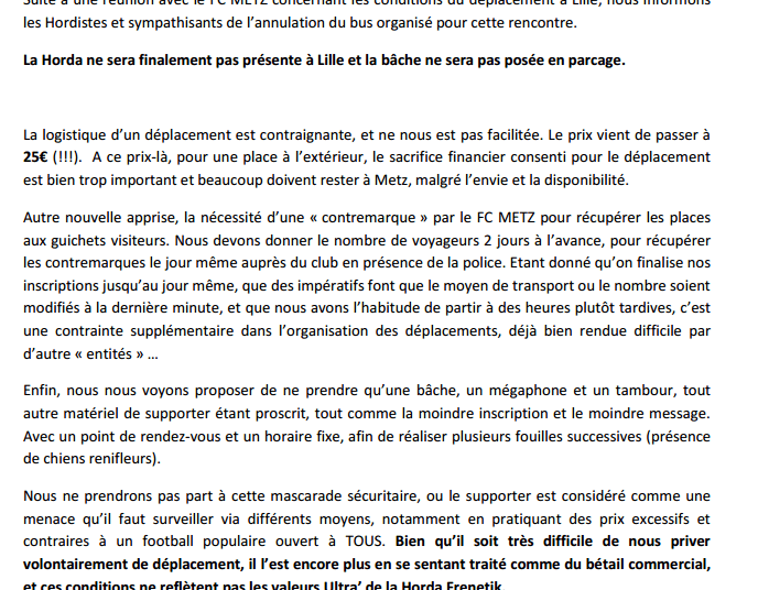 Metz : Les supporters boycottent le déplacement à Lille