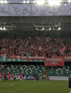 Célébrations entre les joueurs et les supporters victorieux du Shelbourne FC.